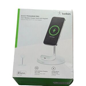 Bb.N Belkin BoostCharge Pro 2-in-1 Wireless Charger Stand w/MagSafe White WIZ010